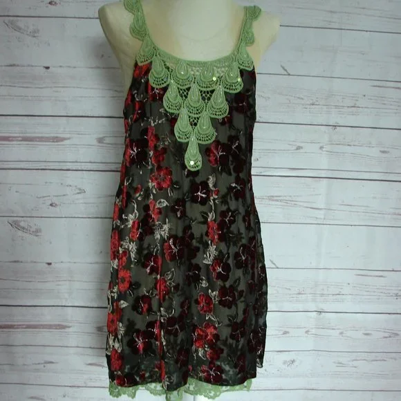 Floral Velvet Burn Out Burgundy Green Lace Dress L - Picture 1 of 16
